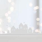 Samolepka na okno zasněžené domečky